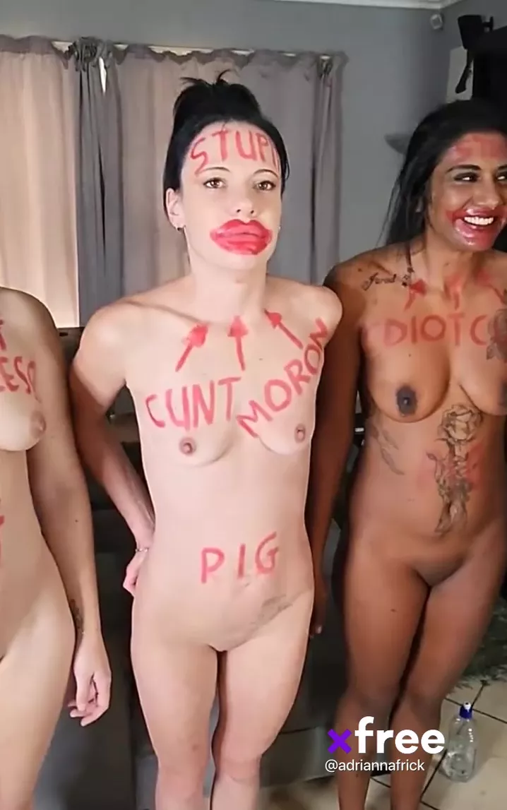 4 STUPID PIGS full of lipstick body writing doing naked exercises | dildo  deepthroat | face